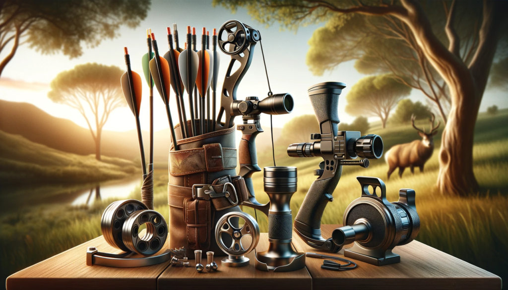 DALL·E 2024 01 21 12.34.18 A high quality modern vector image showcasing various archery hunting accessories such as a quiver arrow rests release aids and bow sights. The im
